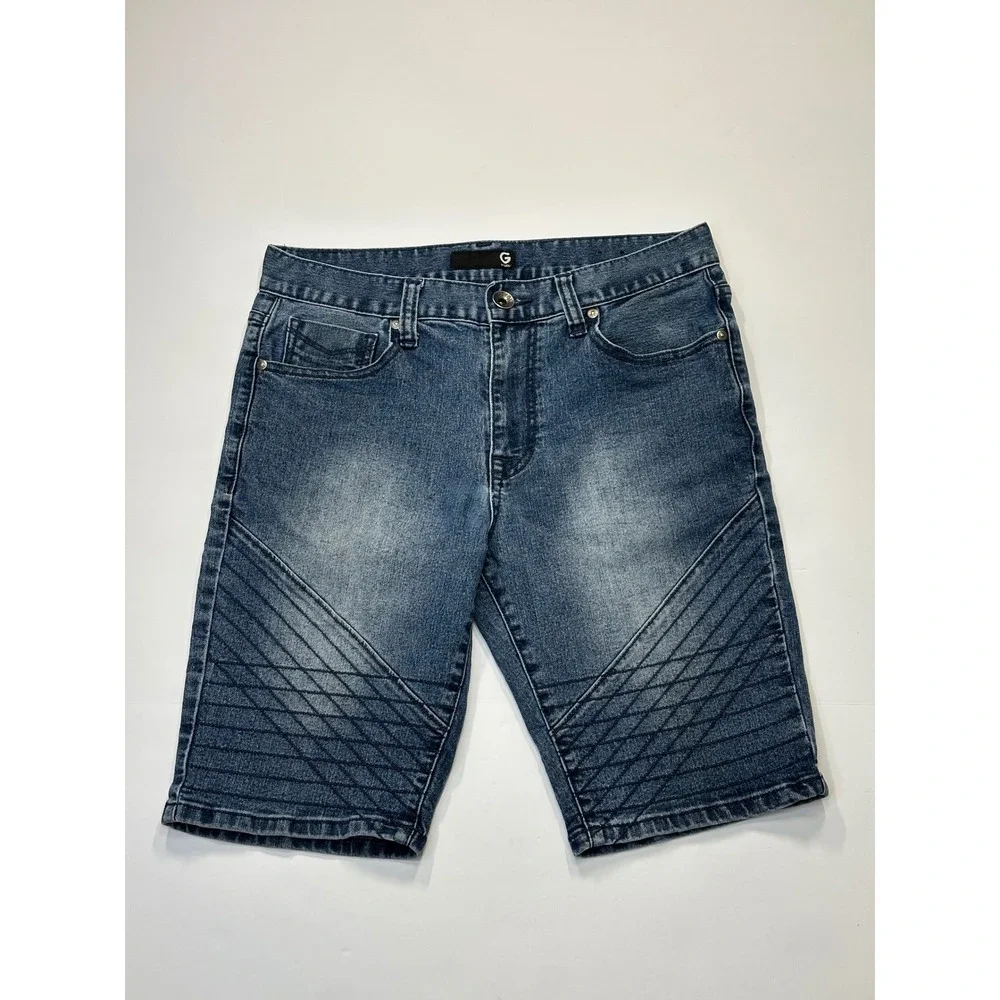 GUESS Jeans Mens Blue Denim Bermuda Shorts Quilted Stitch Knee Detail Size 32